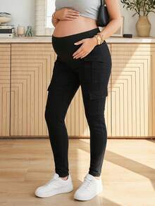 SHEIN Jeans de maternidad con bolsillos cargo, cintura ajustable y ajuste ceñido - Negro - Ver 3