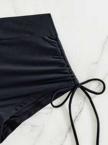 Swim Lushoire Spring/Summer Women's 2-Piece Sexy Bikini Swimsuit Set, Solid Color Double Strap Top With Black Boy Shorts, Beachwear Swimwear - Black - View 5