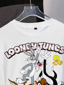 LOONEY TUNES X SHEIN 男士秋季休闲卡通字母图案圆领卫衣 - 白色 - 查看 5
