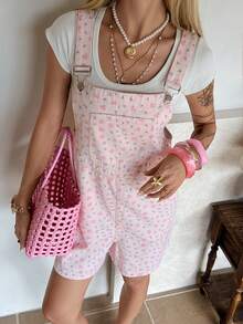 DAZY Women's Romantic Floral Casual Pocket Denim Overalls, Pink, Suitable For Spring And Summer Beach/Vacation - Pink - View 3