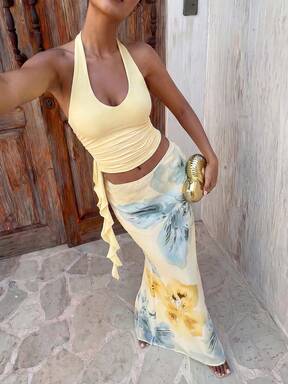 Aloruh Women's Summer Vacation Outfit: Tropical Floral Print Draped Neck Crop Top And Mermaid Ruffle Skirt Sexy Set. Summer Beachwear, Women's Beach Vacation Outfit, Bohemian Tropical Vacation Women's Wear, Floral Mesh Women's Beachwear, Yellow Floral Print Set, Tropical Vacation Women's Wear, Summer Set.