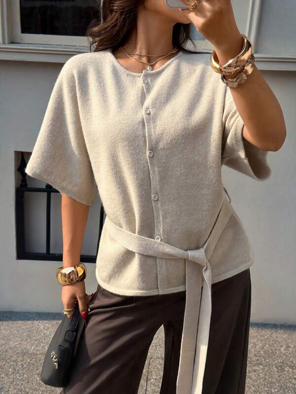 Siren Gaze Women's Stylish Beige Short Sleeve Cardigan With Button Front And Tie Waist,Knit Tops For Women, Ladies Knit Top, Fall Clothes