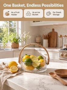 Madebyblanc 1PC Multi-Functional Glass Fruit Bowl With Rattan Handle - Durable Hammered Glass Basket, 3-In-1 Fruit Holder Snack Tray Ice Bucket, Space-Saving Kitchen Organizer, Heat Resistant Serving Dish, Perfect For Home Kitchen Bar Office - Multicolor - View 5