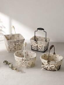 Haus Hana 1PC Rustic Farmhouse Wire Storage Basket With Handle Metal Iron Frame With Floral Linen Liner Lace Bow Decor Removable Lining Multi-Purpose Organizer Bin For Sundries Snacks Cosmetics Ideal For Home Kitchen Bathroom Picnic Perfect Gift - Multicolor - View 3