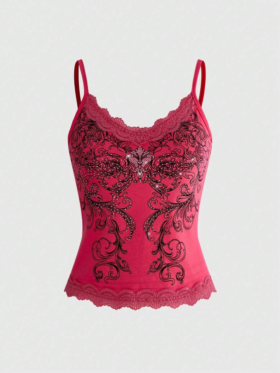 ROMWE Top de tirantes camisola para mujer Fairycore primavera verano color liso con patchwork de encaje y decoración de strass - Rosa Fucsia - Ver 1