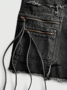 ROMWE MEN Pantalones cortos vaqueros cargo con bolsillos 3D para hombre - Negro - Ver 2