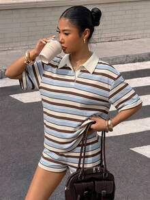 Muchica 女款休閒短袖 Polo 衫與短褲兩件套，美式復古條紋套裝，夏季服飾，適合日常通勤、約會、派對、秋冬春夏、聖誕節、新年、感恩節、婚禮、海灘、畢業季，時尚優雅休閒，適合外出約會與通勤 - 彩色 - 查看 3