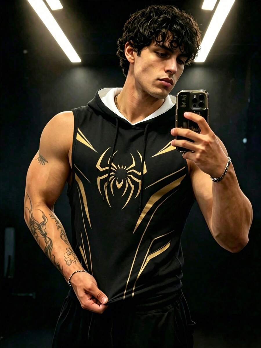 GymBeat 男士蜘蛛圖案抽繩連帽運動背心,健身房穿著 - 彩色 - 查看 1
