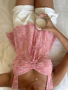 SHEIN EZwear 女士系带褶皱休闲百搭日常上衣 - 藕粉色 - 查看 5