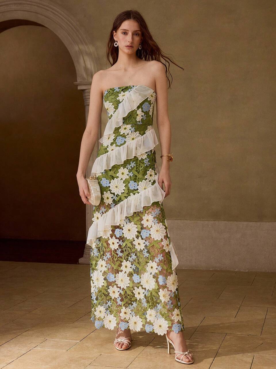 SPRING/SUMMER WOMEN'S COLORFUL EMBROIDERED FLORAL BANDEAU WAIST-CINCHED DRESS