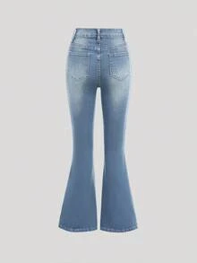SHEIN Girlism Tween Girl Pocket Button Fashion Versatile Flared Denim Jeans - Light Wash - View 2