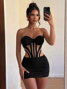 Sirith Vestido mini fruncido con sujetador push-up de aro y estructura de ballena, de corte sexy y calado, para mujer en primavera - Negro - Ver 1