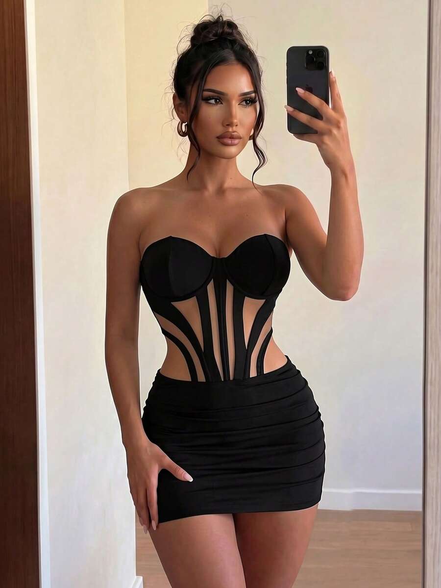 Sirith Vestido mini fruncido con sujetador push-up de aro y estructura de ballena, de corte sexy y calado, para mujer en primavera - Negro - Ver 1