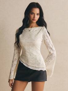Poéselle Women's Floral Print Slim Fit Versatile Daily Wear Bell Sleeve T-Shirt - White - View 6