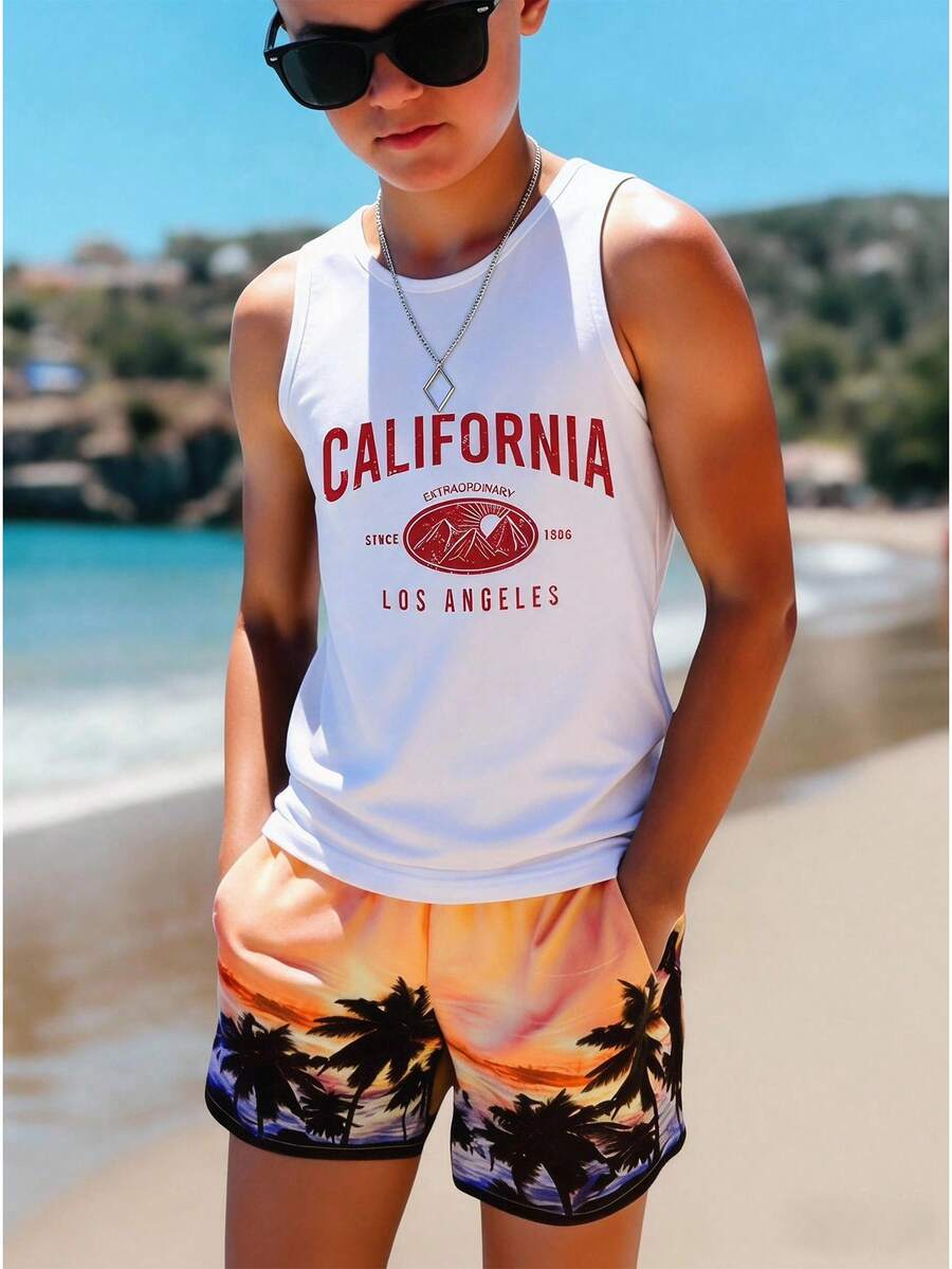 青少年男孩休閒簡約寬肩背心，適合夏季