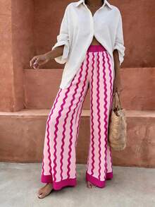 Flora Isola Flora Isola Vacation Bohemian Pink Wavy Striped Women's Long Pants - Hot Pink - View 4