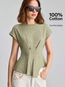 Ontre 2026SS Sommer Neue Damen T-Shirt, einfarbig militärgrün, Kurzarm, anliegende Silhouette, plissiertes asymmetrisches Design, lässig elegante Bürokleidung, Strickstoff, Rundhalsausschnitt, Knopfverschluss, geeignet für Unabhängigkeitstag, Teegesellschaft, Outdoor, Pendeln, minimalistisch schicke urbane vielseitige Damen T-Shirt - Armeegrün - Übersicht 5
