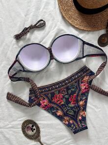 SHEIN Swim 女士新款随机印花细肩带露背聚拢比基尼套装，春夏时尚之选 - 彩色 - 查看 2