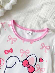 1件夏季女童幼童短袖套頭洋裝，趣味卡通兔子與愛心圖案設計，深受小女孩喜愛，舒適柔軟親膚面料製成，適合兒童居家穿著 - 淺粉色 - 查看 3