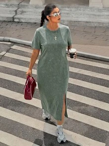 Muchica 加大码军绿色圆领宽松长款雪花印花开衩下摆短袖T恤裙，夏季 - 軍綠色 - 查看 1