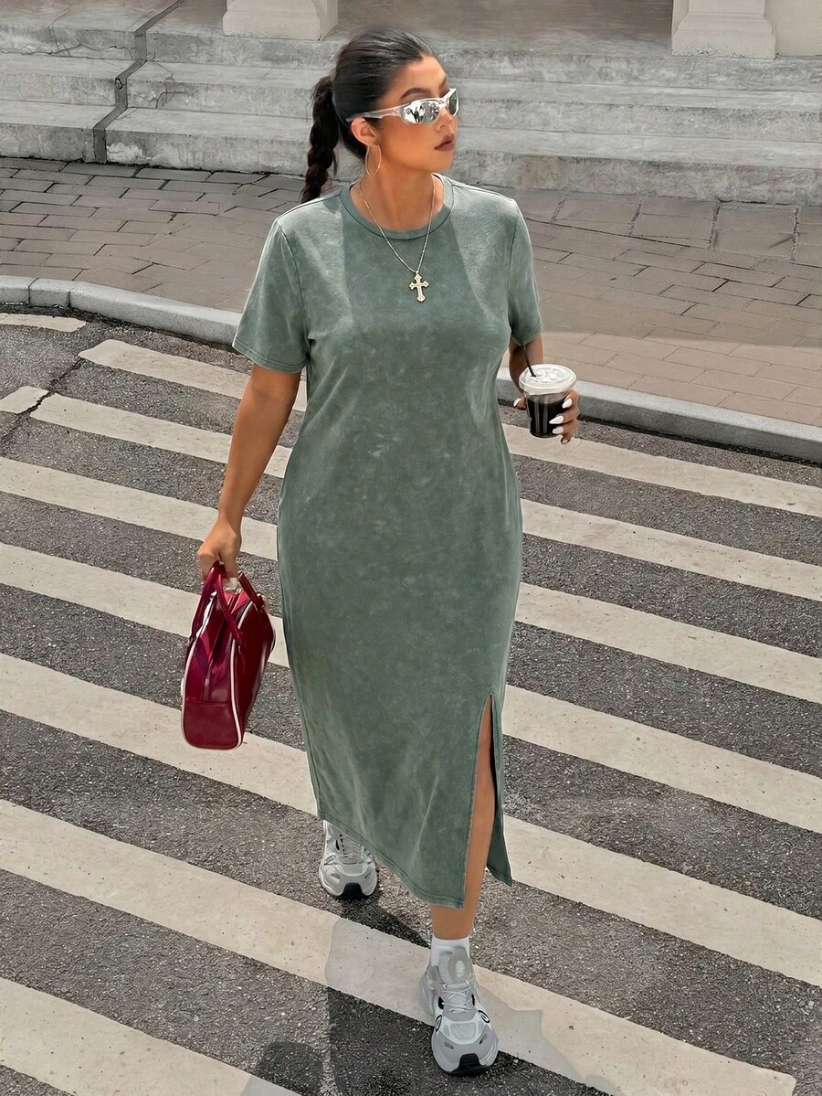 Muchica 加大码军绿色圆领宽松长款雪花印花开衩下摆短袖T恤裙,夏季 - 軍綠色 - 查看 1