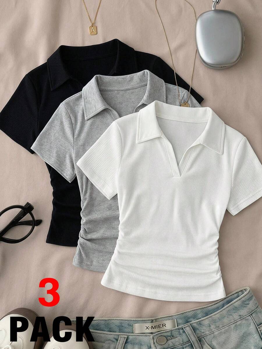 SHEIN 3件組 青少年女孩 Polo領 抓皺腰線 短袖T恤,黑白配色 - 彩色 - 查看 1