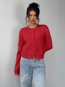 SHEIN PETITE CURVE 大尺碼女款素色長袖單排扣休閒針織開襟外套 - 紅色 - 查看 3