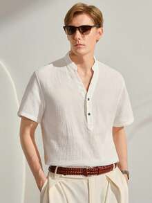 VeloEdit Men's White Solid Short Sleeve Woven Loose Fit Shirt, Pocket, Button, Button Front, Summer, Button Down Shirt, Lightweight, Breathable, Cool, Casual Matching CoupleFall Winter - White - View 1