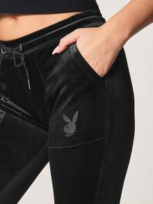 Missguided x Playboy Velour Flare Leg Jogger Pants With Rhinestone Bunny Logo Drawstring Waist Y2K Retro Style - Black - View 4