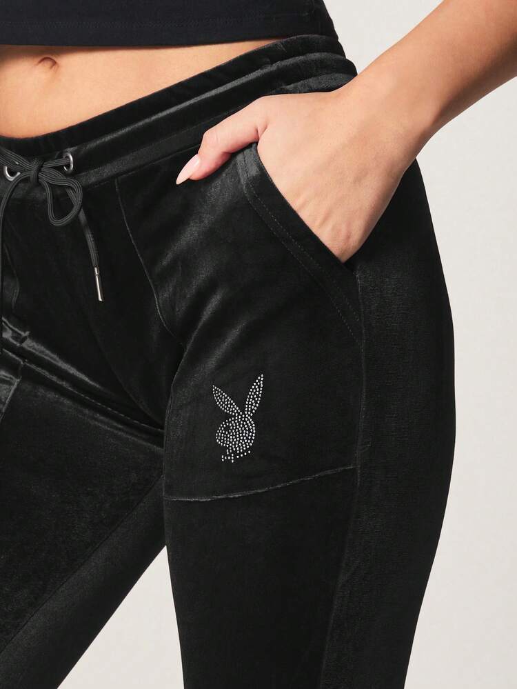 Missguided x Playboy Velour Flare Leg Jogger Pants With Rhinestone Bunny Logo Drawstring Waist Y2K Retro Style