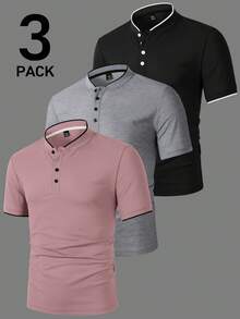 Manfinity Homme 男士 3 件組對比飾邊拼接鈕扣設計 Polo 衫，儀式款 - 彩色 - View 5