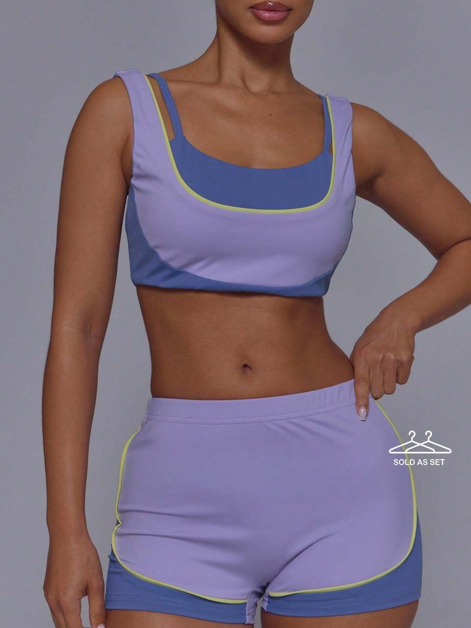 Active Purple Double Layered Shrug Coverup Top With Layered Scoop Neck Contrast Colour Tank And High Waist Mini Shorts 3 Piece Set