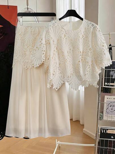 Modelyn Plus Size Women's Lace Hollow Short Sleeve Top, Hollow Chiffon Patchwork Fabric Skirt, Elegant Flowy Hem Two Pieces Set