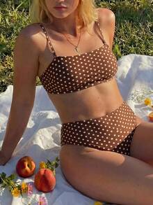 Swim Mod 2026 New Spring/Summer Plus Size 2-Piece Reversible Polka Dot Random Print Bandeau Bikini Set With Detachable Shoulder Straps For Women Beach Vacation - Multicolor - View 6