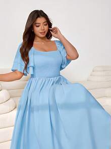 Solflare Plus Size Women's Elegant Vacation Style Solid Color Square Neck Layered Flutter Sleeve Shirred Bodice Flare Hem Dress - Baby Blue - View 4