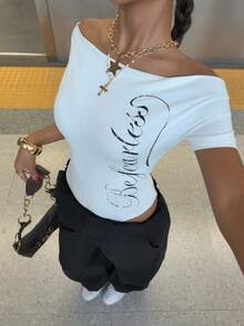 Muchica English Letter Print Off-Shoulder White And Black Sports Sporty Jumpsuit Football Jersey Gym Y2K Athleisure City Break Vacation Football USA Soccer - White - View 3