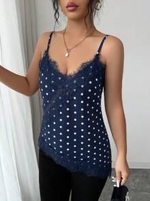 Rafferiza Women's Elegant Polka Dot Brown Lace Patchwork Tank Top - Royal Blue - View 3