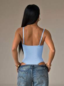 SHEIN PETITE 女款純色性感時尚細肩帶連身衣，適合嬌小女性 - 淺藍色 - 查看 3