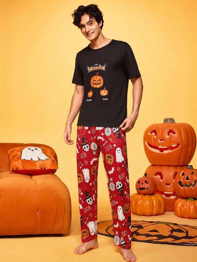 Provexi Provexi Men's Halloween Fun & Quirky Cartoon Pumpkin Skull Witch Hat Ghost Spider Web Bat Family Matching Party Pajamas Loungewear Long Pants