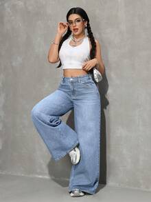 SHEIN Tall 夏季女款休閒日常通勤外出口袋鈕扣百搭寬腿藍色牛仔褲 - 淺色水洗藍 - 查看 6