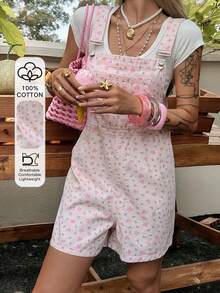 DAZY Women's Romantic Floral Casual Pocket Denim Overalls, Pink, Suitable For Spring And Summer Beach/Vacation - Pink - View 1
