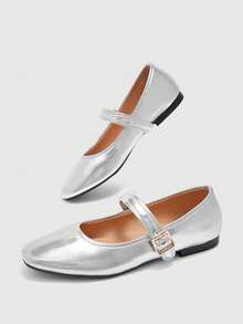 CUCCOO BIZCHIC Spring And Autumn Metal Buckle Contrasting Color Hemming Round Toe Flat Bottom, Retro Style Mary Jane Shoes Commuting Shopping - Silver - View 6