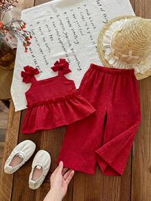 Emery Rose Kids Emery Rose Kids 少女編織素色吊帶上衣與長褲兩件組 - 紅色 - 查看 6