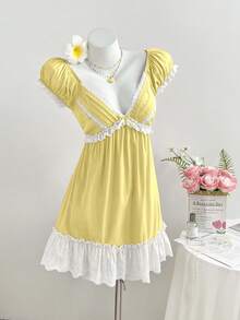 Elamini Vestido corto de mujer con manga raglán, volantes y decoración de moño - amarillo ganso - Ver 6