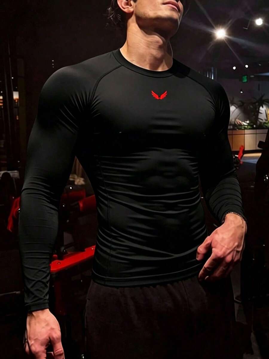 GymBeat Men's Wing Pattern Print Crew Neck Long Sleeve Simple Sports T-Shirt - Black - View 1