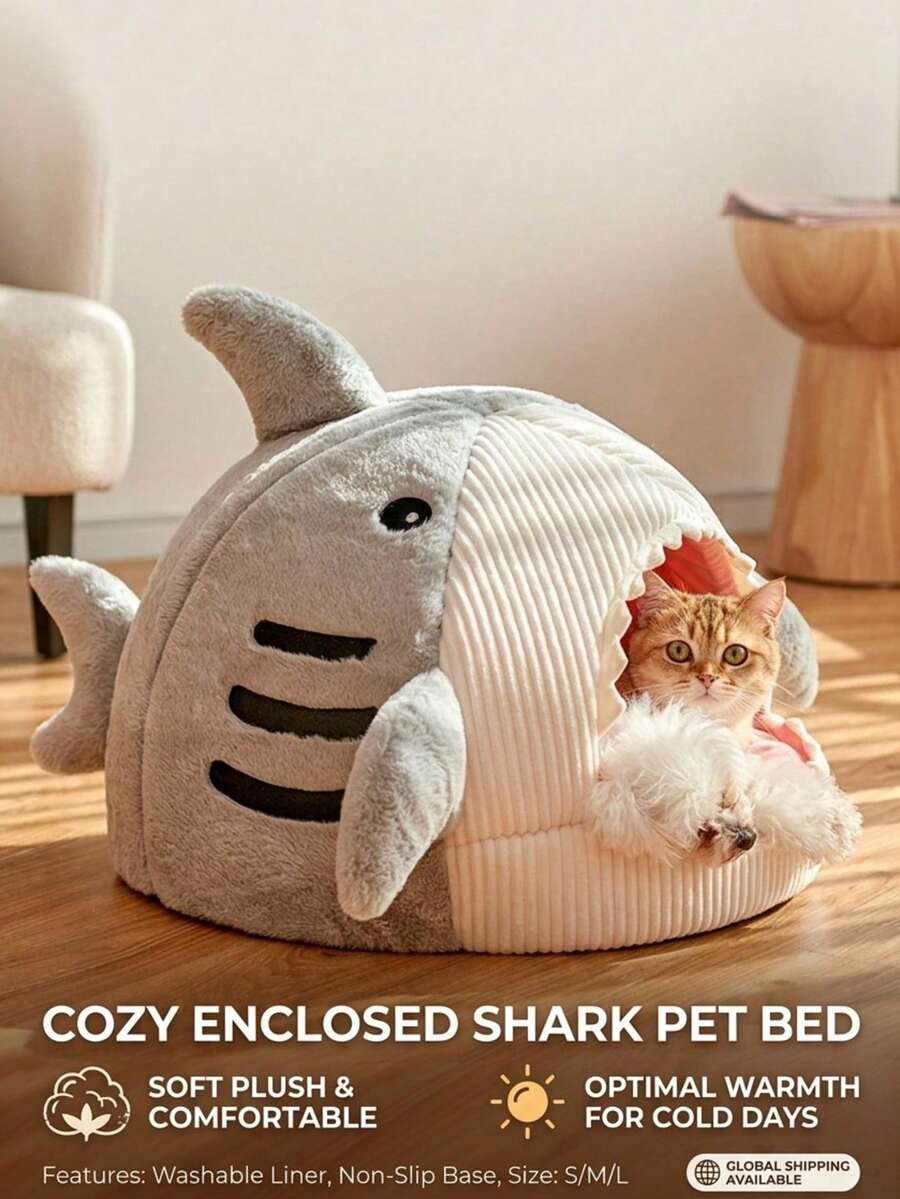 PETSIN 1个装猫垫鲨鱼形狗窝小猫床躲藏屋温暖柔软舒适半封闭式猫狗窝