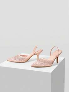 MOTF NEW PINK POINTED THIN HEEL DIAMOND MESH LACE FASHIONABLE AND ELEGANT WOMEN'S HIGH-HEELED SHOES - Pink - View 8