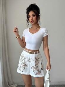 Selianne Women's Elegant Romantic Printed Shorts For Summer Commute Brunch White - Multicolor - View 4