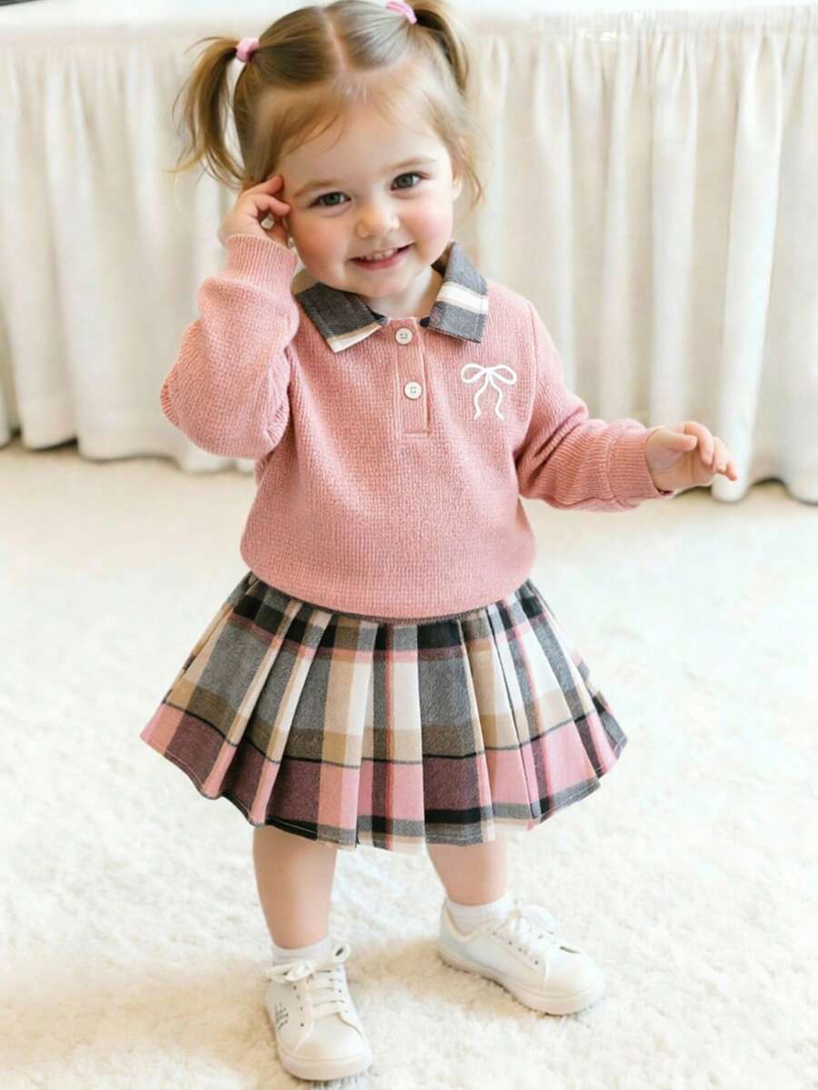 Elladie kids 可愛嬰幼兒 0-3歲 棕色格紋秋季上學套裝 復古字母刺繡長袖裙組 - 粉色 - 查看 1