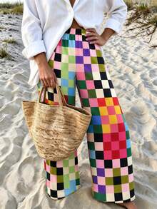 Vaclyn Women's Casual Vacation Style Plaid Pocket Loose Long Pants - Multicolor - View 3